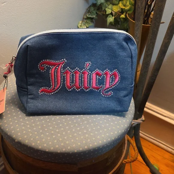 JUICY COUTURE DENIM AND PINK COSMETIC BAG NWT - Picture 1 of 7